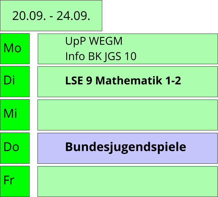 Mo Di Mi Do Fr  20.09. - 24.09. LSE 9 Mathematik 1-2     UpP WEGM     Bundesjugendspiele    Info BK JGS 10