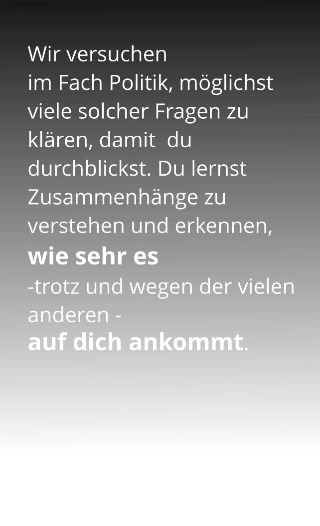 Wir versuchen                     im Fach Politik, möglichst viele solcher Fragen zu klären, damit  du durchblickst. Du lernst Zusammenhänge zu verstehen und erkennen, wie sehr es                         -trotz und wegen der vielen anderen -  auf dich ankommt.