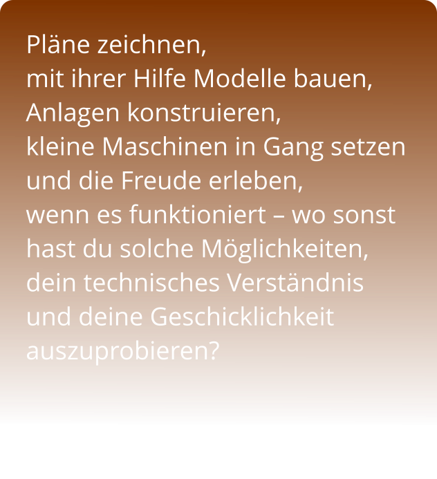 Pläne zeichnen,                          mit ihrer Hilfe Modelle bauen, Anlagen konstruieren,          kleine Maschinen in Gang setzen und die Freude erleben,        wenn es funktioniert – wo sonst hast du solche Möglichkeiten, dein technisches Verständnis und deine Geschicklichkeit auszuprobieren?