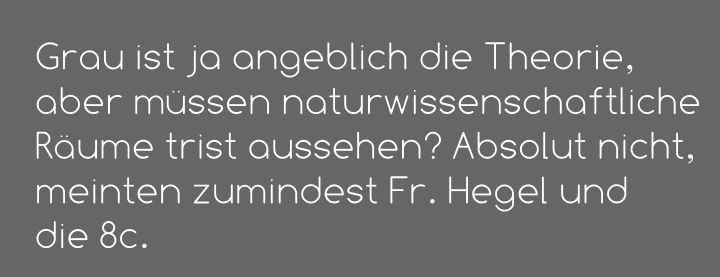 Grau ist ja angeblich die Theorie,  aber müssen naturwissenschaftliche  Räume trist aussehen? Absolut nicht,  meinten zumindest Fr. Hegel und  die 8c.