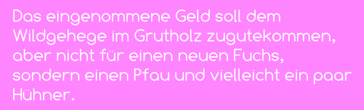 Das eingenommene Geld soll dem Wildgehege im Grutholz zugutekommen, aber nicht für einen neuen Fuchs, sondern einen Pfau und vielleicht ein paar Hühner.